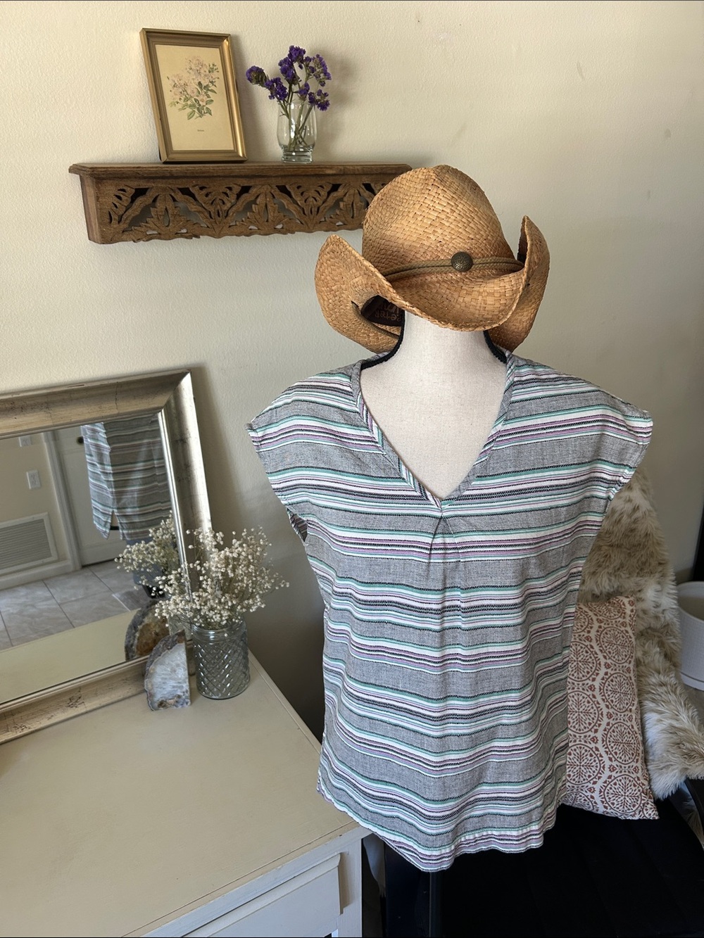 Kavu outdoor V-neck stripe summer hiking Gorpcore top 100% cotton med